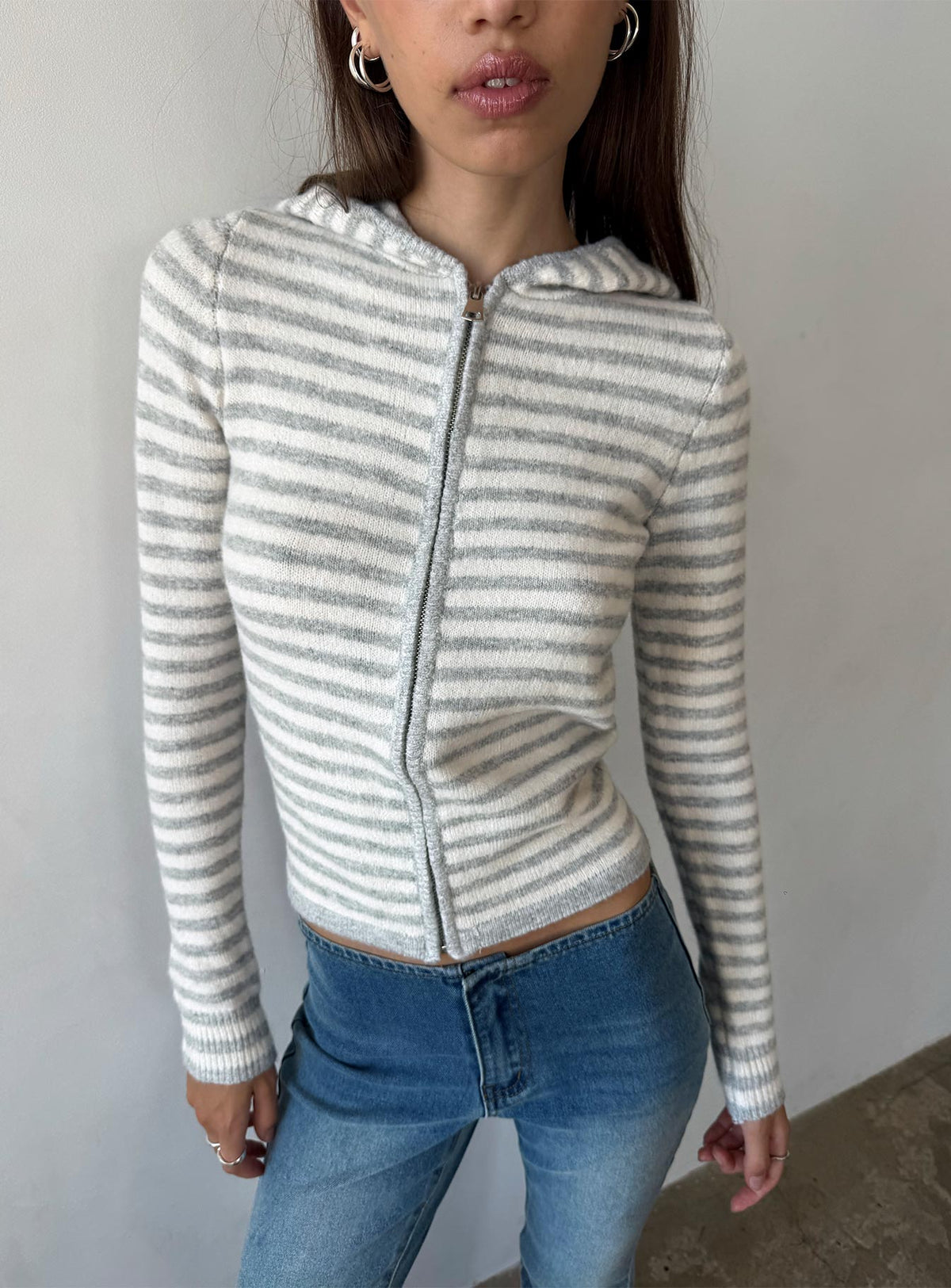 Discover the Superstars Zip Through Hoodie Grey / Cream Stripe womens-jumpers in short length front view of model wearing Princess Polly