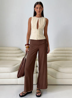 front view of model wearing Princess Polly Silver Moon Linen Blend Tie Pants Brown Petite Mid Rise Pants Pants 