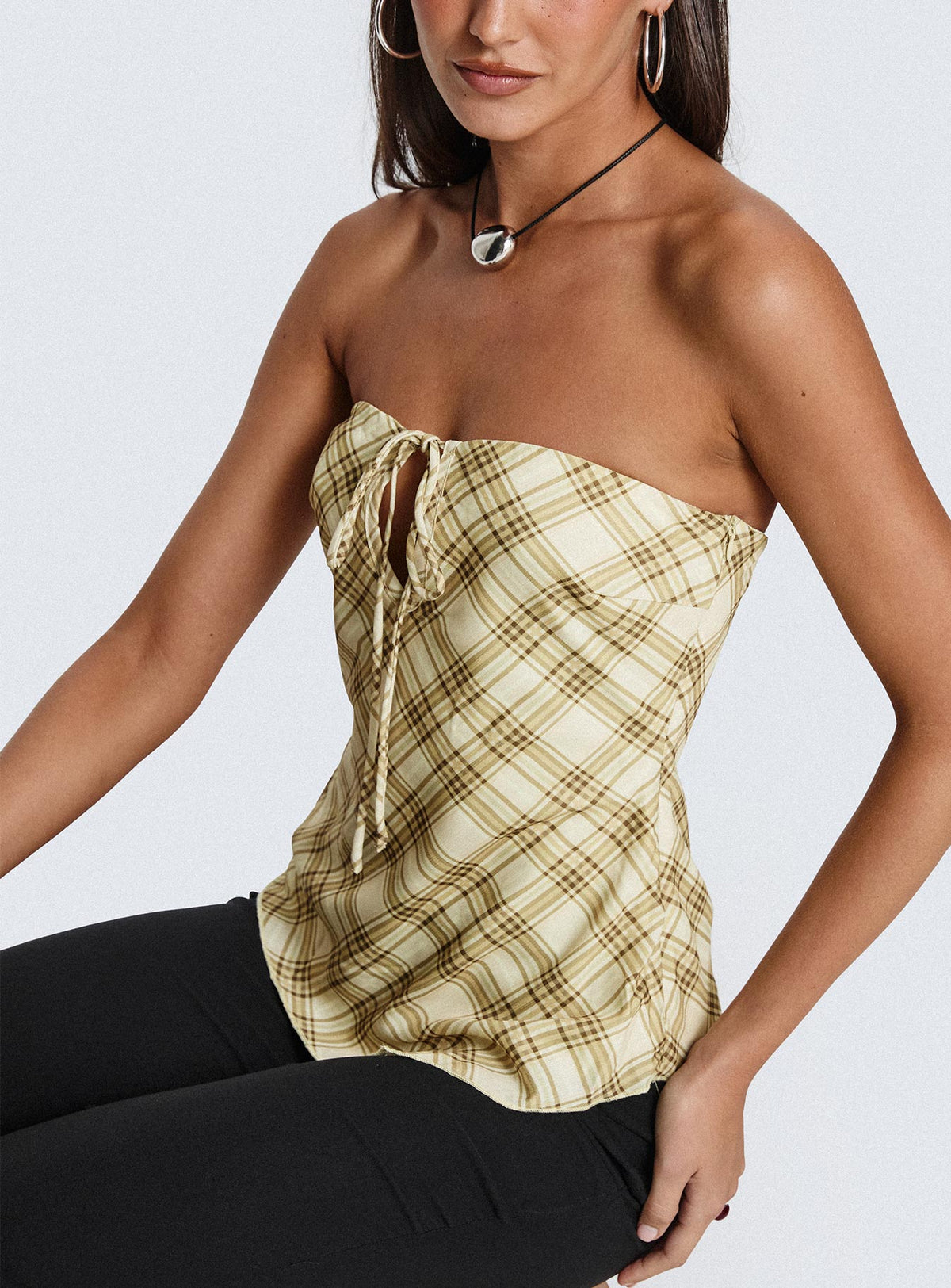 I Wonder Strapless Cut Out Top Yellow Check