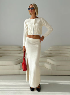 side view of model wearing Princess Polly Collase Knit Sweater Cream cropped Jumpers 
