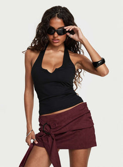   front view of model wearing Princess Polly Lowretta Faux Suede Belt Mini Skirt Burgundy Mini Skirts Skirts 