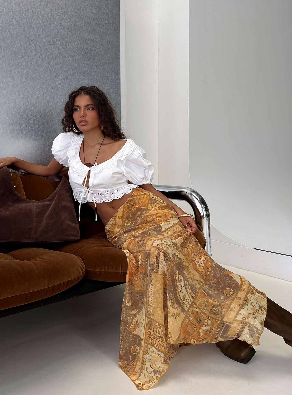   front view of model wearing Princess Polly Lyanna Hanky Hem Maxi Skirt Multi Maxi Skirts Skirts 