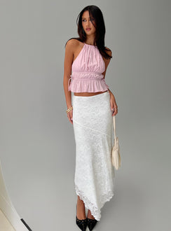 back view of model wearing Princess Polly Freebirds Lace Midi Skirt White Midi Skirts Skirts 