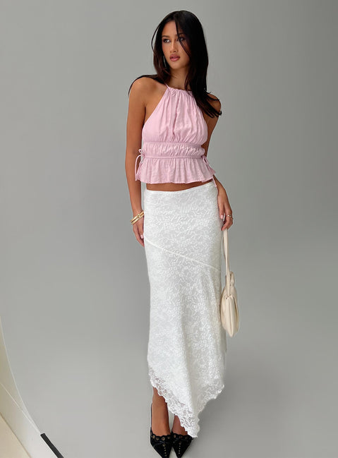 back view of model wearing Princess Polly Freebirds Lace Midi Skirt White Midi Skirts Skirts 