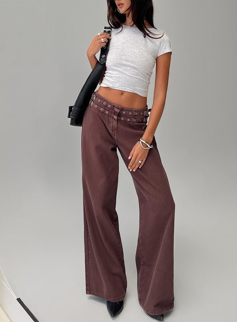back view of model wearing Princess Polly Baccarat Belted Pant Chocolate Mid Rise 