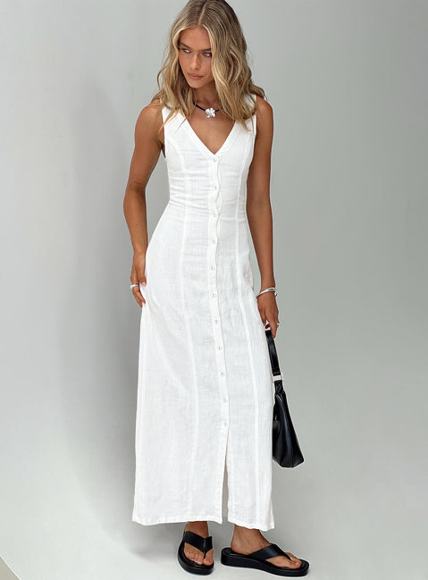 front view of model wearing Princess Polly Summer Season Linen Blend Maxi Dress White Petite V-Neck 