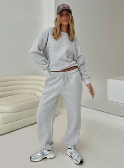 front view of model wearing Princess Polly Dream Fleece Classic Crewneck Sweatshirt Grey Marle Jumpers 
