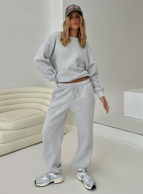 front view of model wearing Princess Polly Dream Fleece Classic Crewneck Sweatshirt Grey Marle Jumpers 