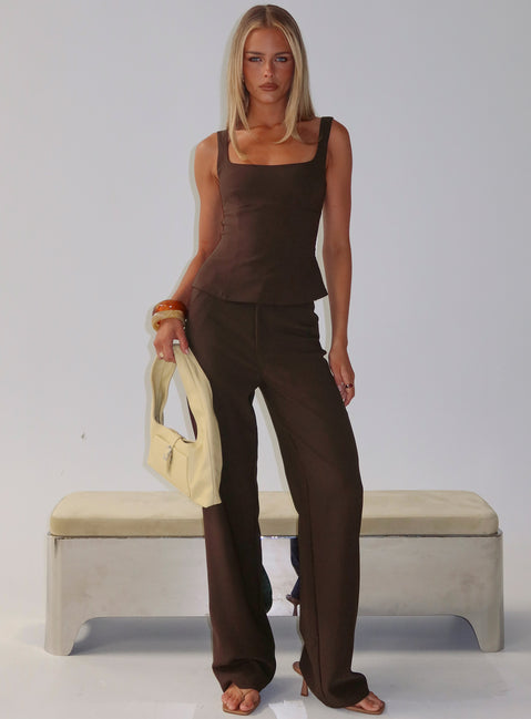 front view of model wearing Princess Polly Kinsie Tailored Pants Brown High Rise Pants Pants 
