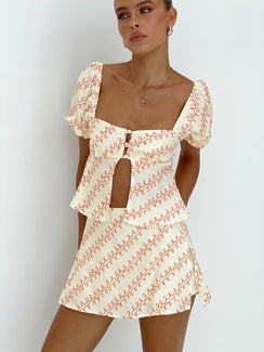 front view of model wearing Princess Polly Passionfruit Linen Blend Top Multi Short Sleeves Square Neck 