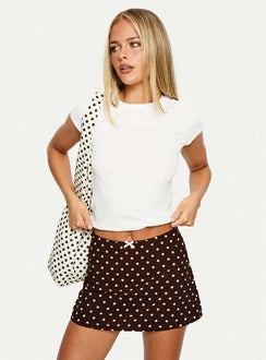   front view of model wearing Princess Polly Tejano Mini Skirt Brown Polka Dot Mini Skirts Skirts 