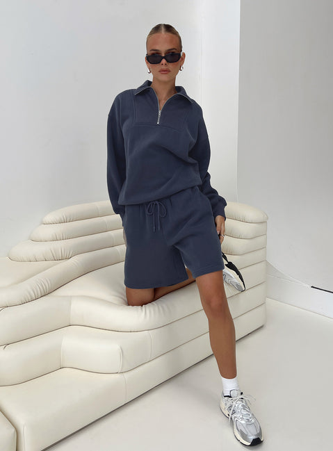 front view of model wearing Princess Polly Dream Fleece Quarter Zip Sweatshirt Navy Jumpers 
