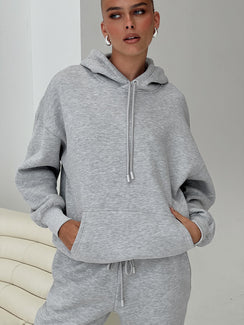 front view of model wearing Princess Polly Dream Fleece Classic Hoodie Grey Marle Longline Jumpers Jumpers 