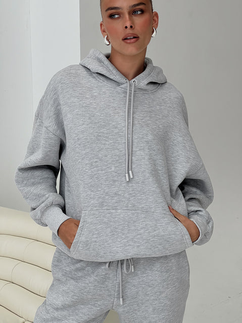front view of model wearing Princess Polly Dream Fleece Classic Hoodie Grey Marle Longline Jumpers Jumpers 