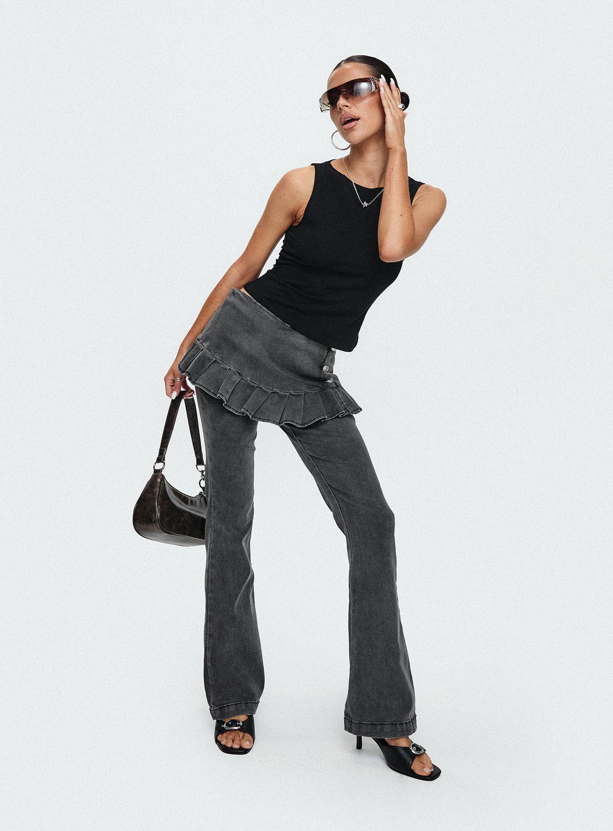 front view of model wearing Princess Polly Jordynne Layered Pant Washed Black High Rise Pants Pants 