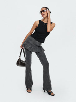 front view of model wearing Princess Polly Jordynne Layered Pant Washed Black High Rise Pants Pants 