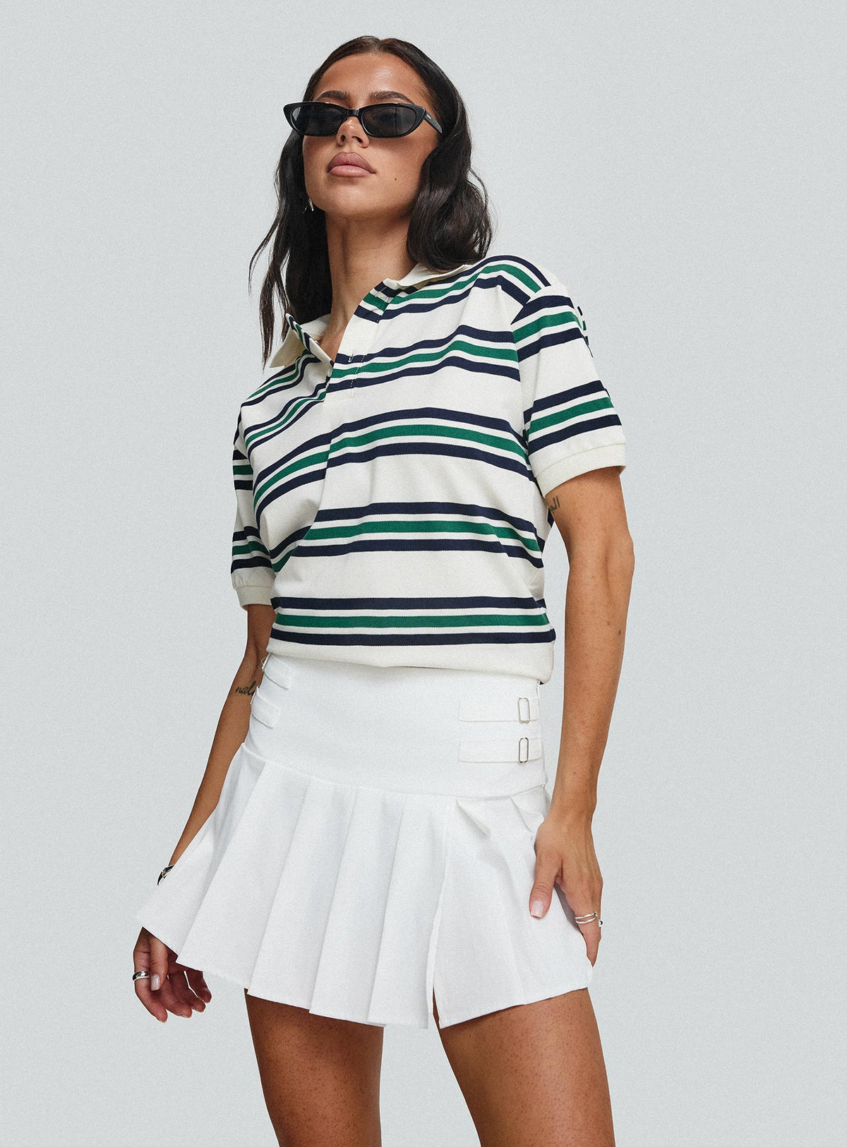 back view of model wearing Princess Polly Cartwright Mini Skirt White Mini Skirts Skirts 