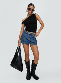   front view of model wearing Princess Polly Pacific Coast Denim Cargo Skirt Dark Wash Mini Skirts Skirts 