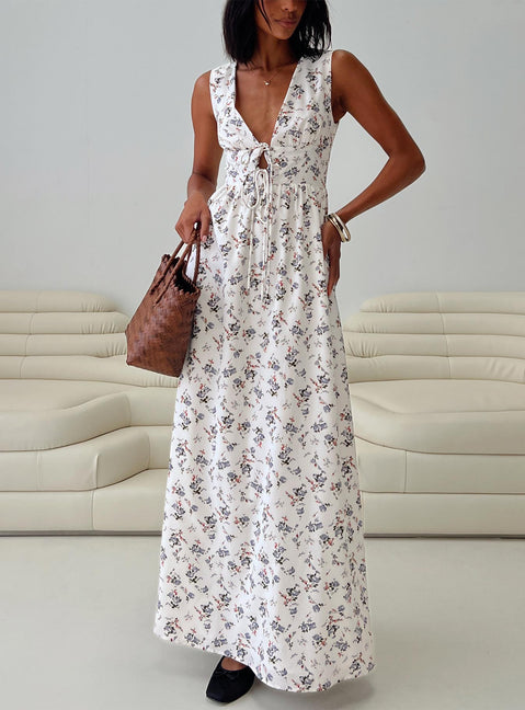 front view of model wearing Princess Polly Pokey Maxi Dress Floral Multi Plunger 