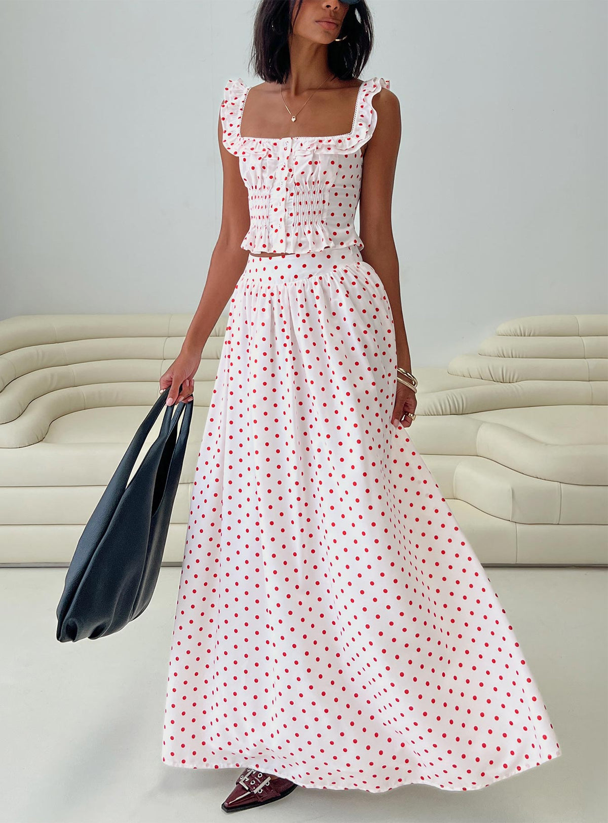   front view of model wearing Princess Polly Valerio Maxi Skirt White / Red Maxi Skirts Skirts 