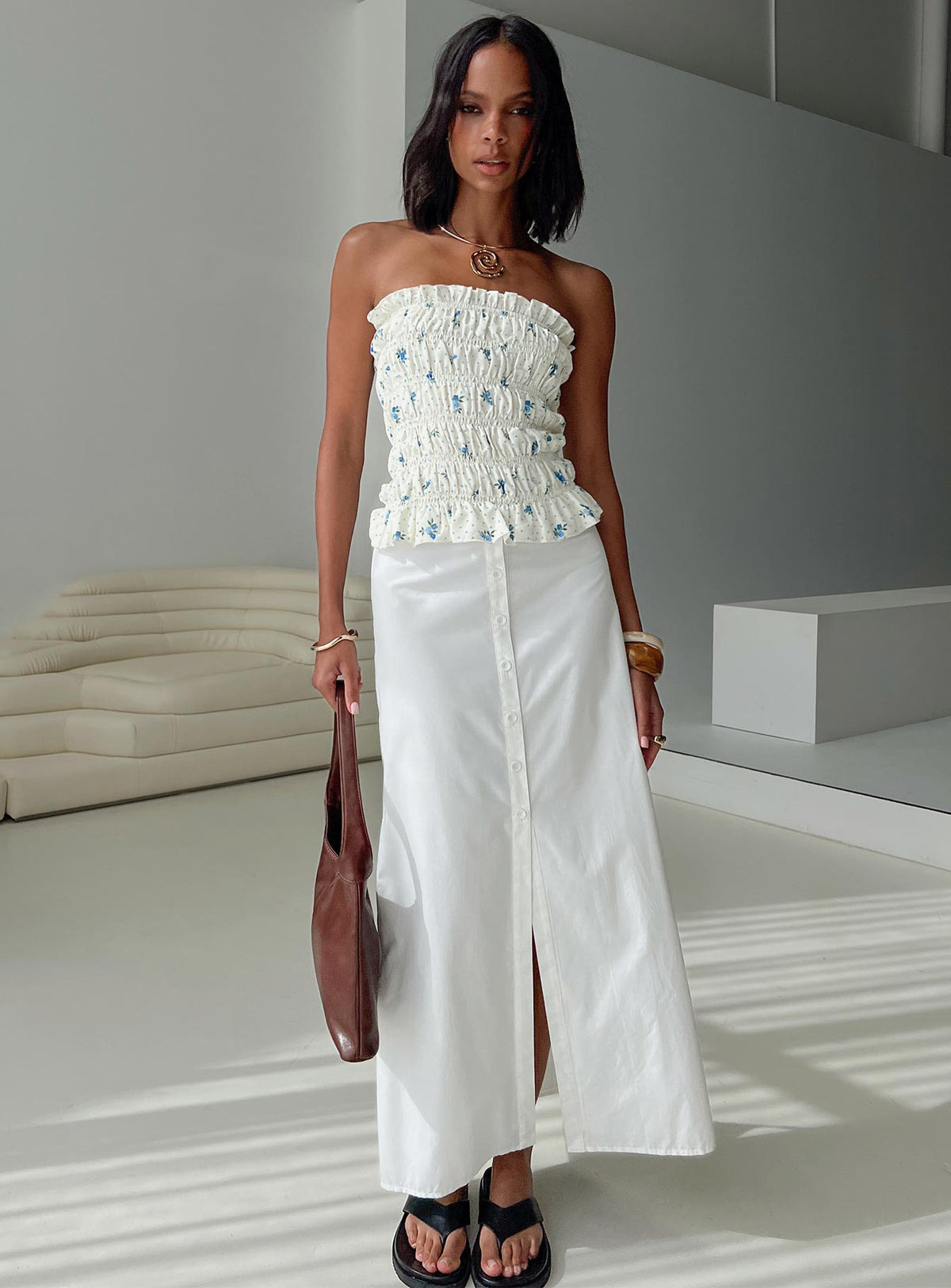   front view of model wearing Princess Polly Jasmira Maxi Skirt White Maxi Skirts Skirts 