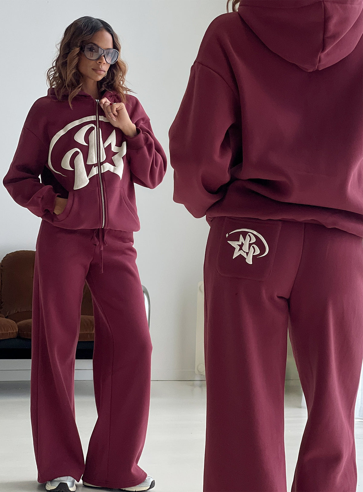 Highlighting the Stargirl Zip Through Jumper in Burgundy womens jumpers with long fit showcasing graphic detail Princess Polly