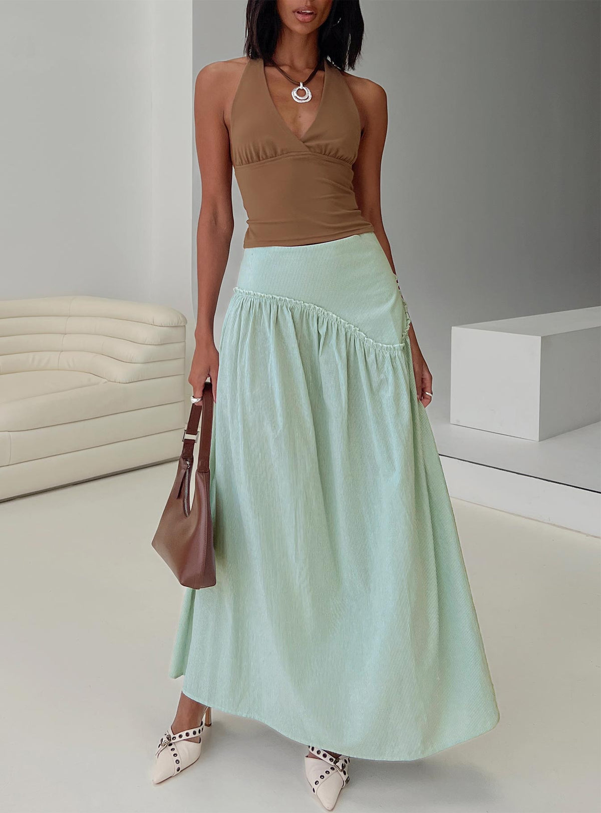   front view of model wearing Princess Polly Yasemine Maxi Skirt Green / White Maxi Skirts Skirts 