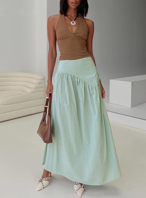   front view of model wearing Princess Polly Yasemine Maxi Skirt Green / White Maxi Skirts Skirts 