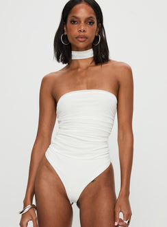 front view of model wearing Princess Polly Sorelle Scarf Bodysuit White Sleeveless Bodysuit 