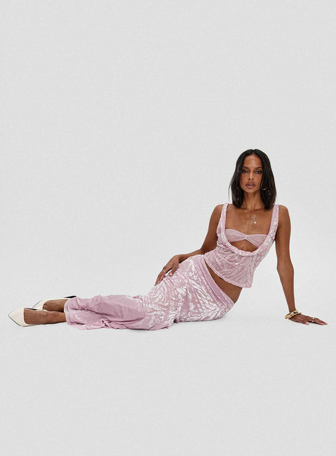 back view of model wearing Princess Polly Kalei Maxi Skirt Pink Floral Maxi Skirts Skirts 