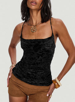 front view of model wearing Princess Polly Celena Halter Top Black Sleeveless Cowl 