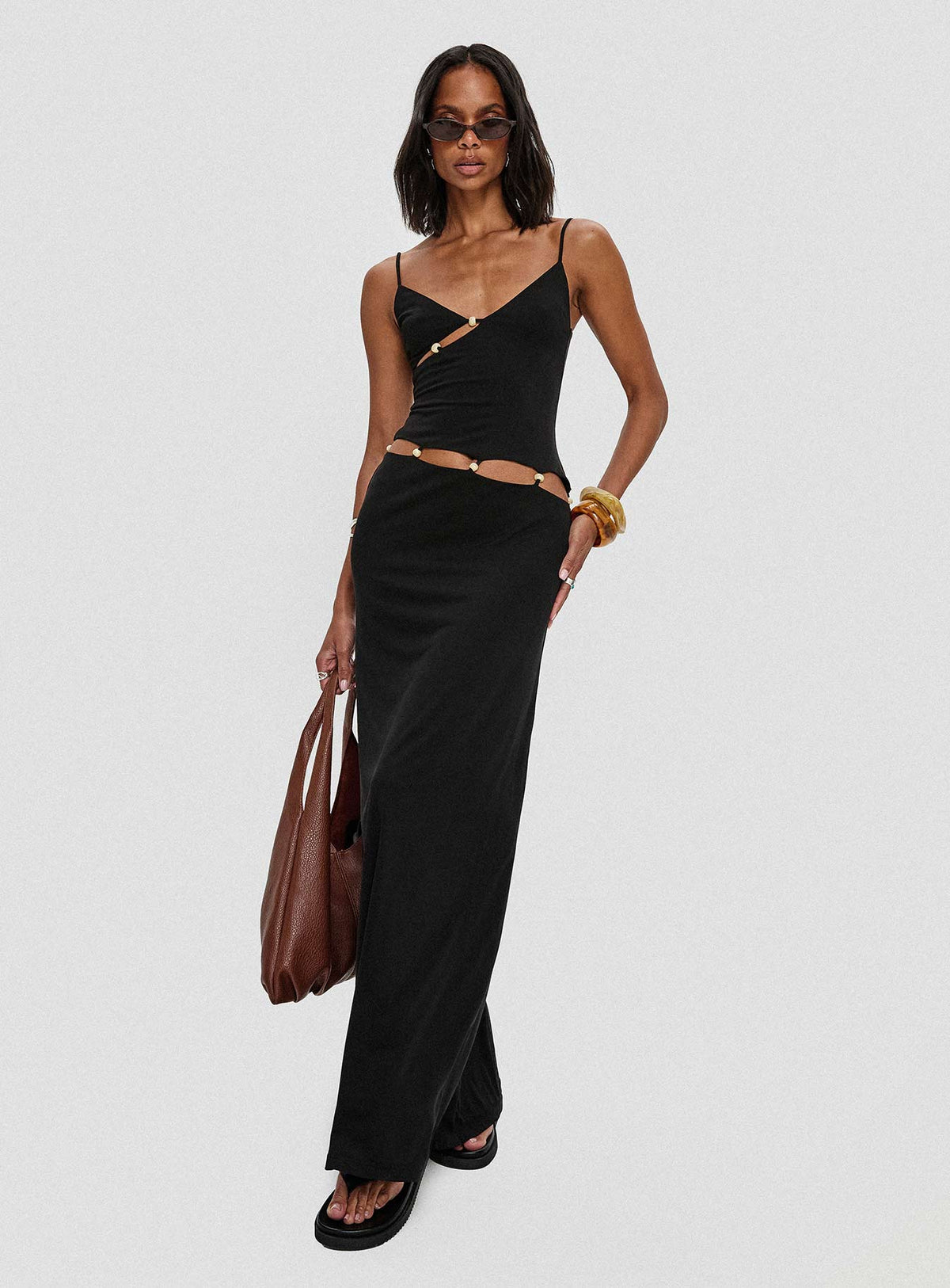 side view of model wearing Princess Polly Allspice Beaded Maxi Dress Black Plunger 