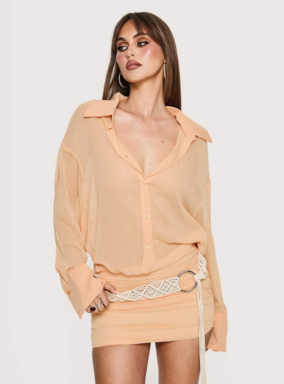 Moonrising Long Sleeve Sheer Blouson Mini Dress Soft Orange