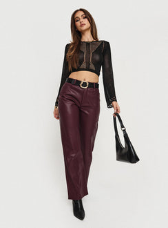 back view of model wearing Princess Polly Dempsey Faux Leather Pants Deep Cherry High Rise Pants Pants 