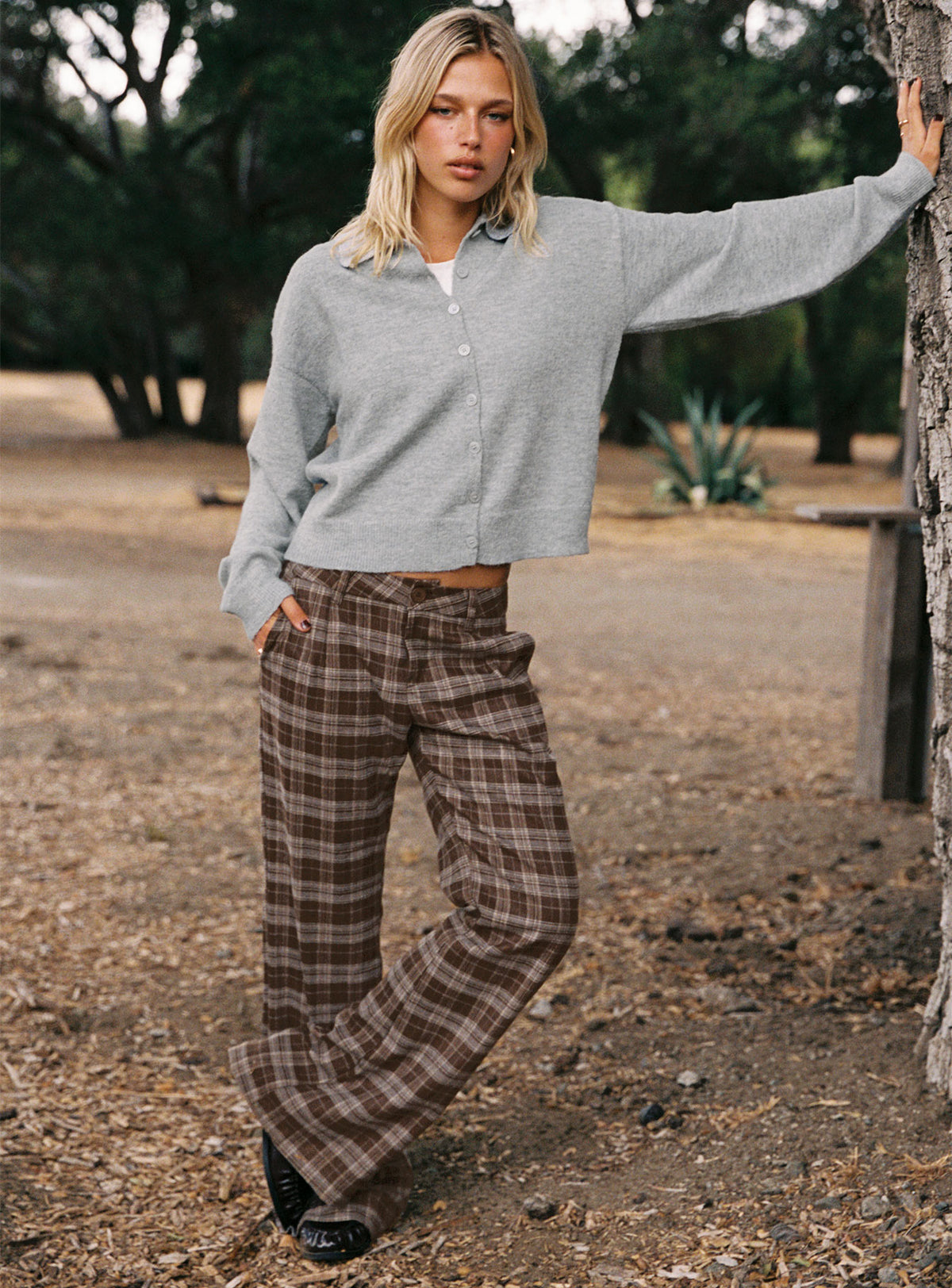 front view of model wearing Princess Polly Nadyna Collared Cardigan Grey Marle Jumpers 