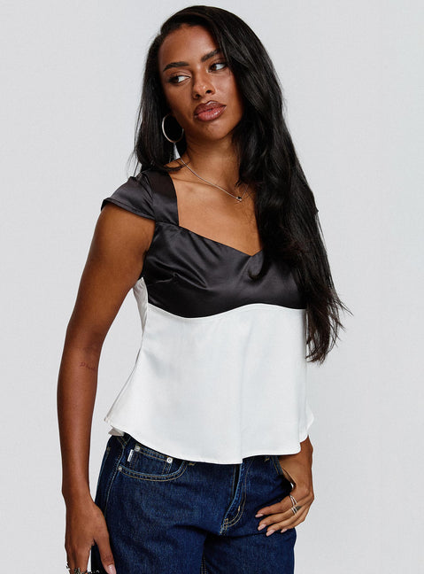 back view of model wearing Princess Polly Think About It Cap Sleeve Top Black / White Short Sleeves V-Neck 
