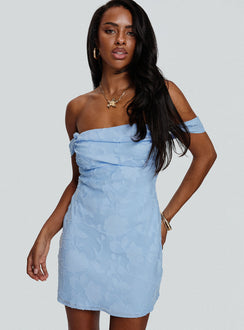 front view of model wearing Princess Polly Zabbarra Off The Shoulder Mini Dress Blue Straight Neck 