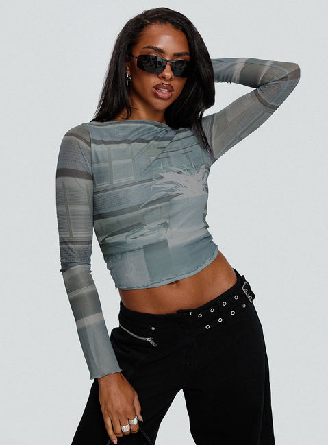 front view of model wearing Princess Polly Armali Top Multi Full Sleeves Boat Neck 