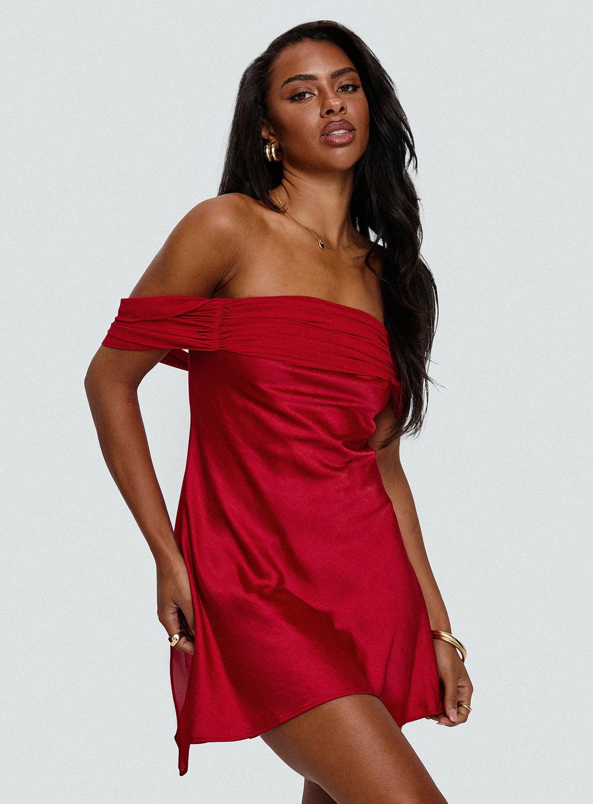 back view of model wearing Princess Polly Adoration Mini Dress Red Straight Neck 