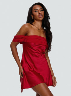 back view of model wearing Princess Polly Adoration Mini Dress Red Straight Neck 