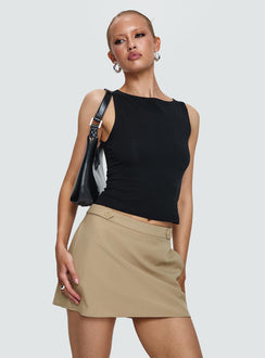   side view of model wearing Princess Polly Hosier Twill Mini Skirt Taupe Mini Skirts Skirts 