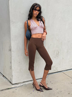 Showcasing the Baseline Rib Capri Pants Chocolate in womens-regular-pants with high-rise front view of model wearing