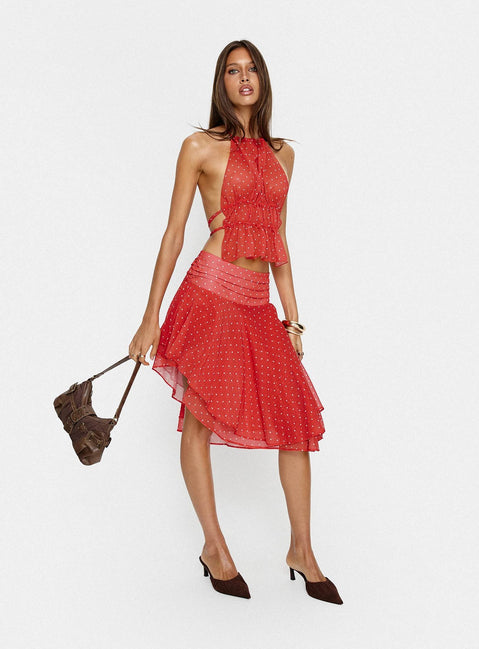   front view of model wearing Princess Polly Legacy Midi Skirt Tomato Polka Skirts 