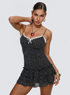 front view of model wearing Princess Polly Yves Mini Dress Onyx Polka Scoop Neck 