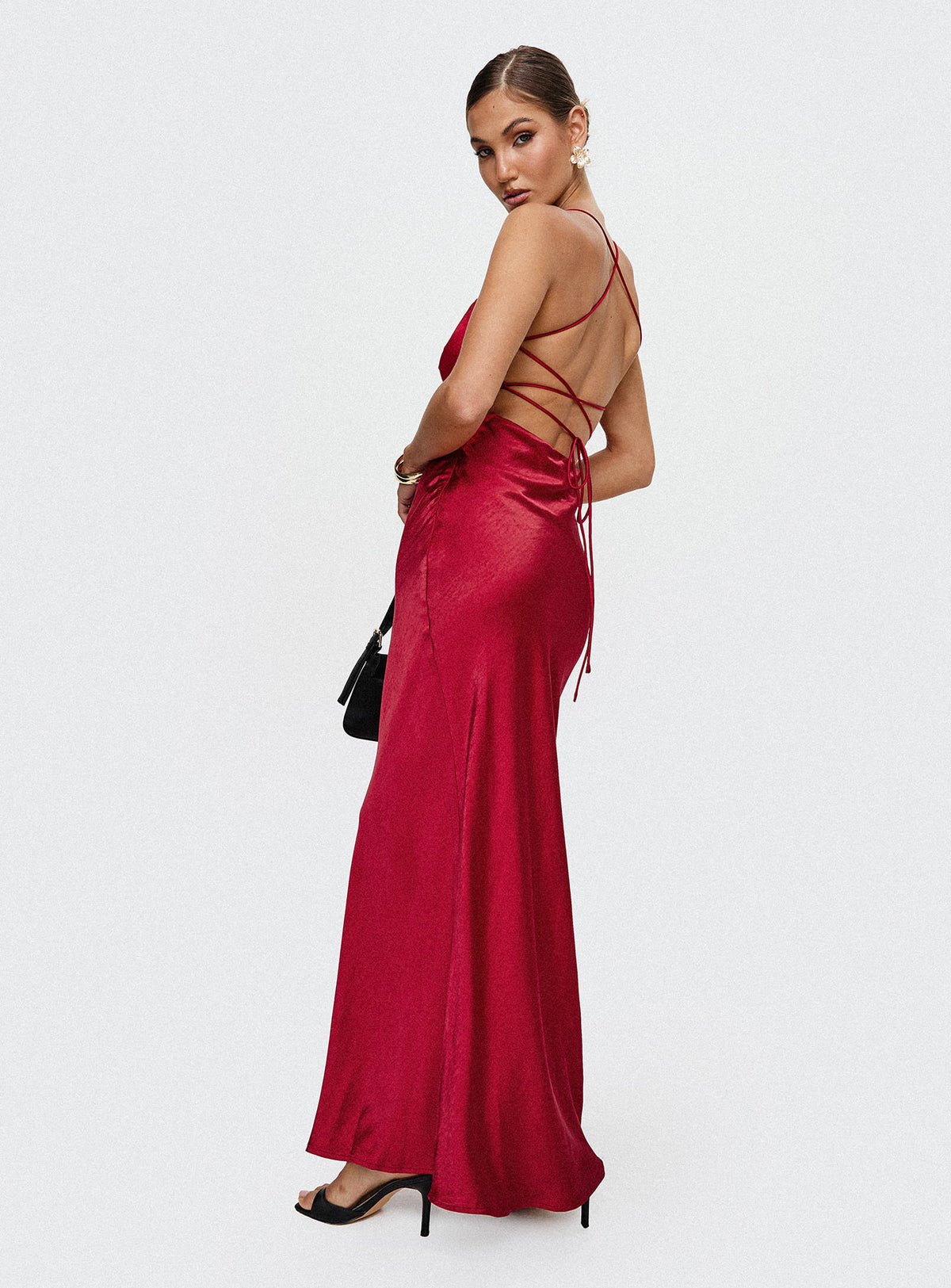 back view of model wearing Princess Polly Kristelle Maxi Dress Red Sweetheart Neckline 