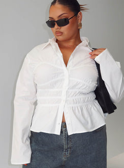 back view of model wearing Princess Polly Liesel Shirred Long Sleeve Top White Curve Full Sleeves V-Neck 