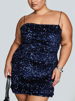 front view of model wearing Princess Polly Layney Sequin Mini Dress Navy Curve Square Neck 
