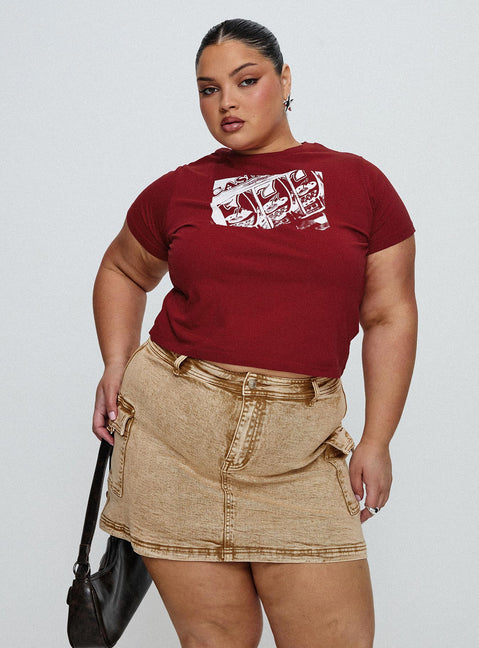 back view of model wearing Princess Polly Velveta Low Rise Denim Skirt Camel Curve Mini Skirts Skirts 