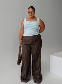 front view of model wearing Princess Polly Cedars Low Rise Pant Brown Stripe Curve Low Rise Pants Pants 