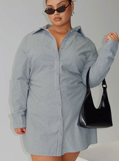 front view of model wearing Princess Polly Publicity Long Sleeve Mini Dress Blue Pinstripe Curve V-Neck 